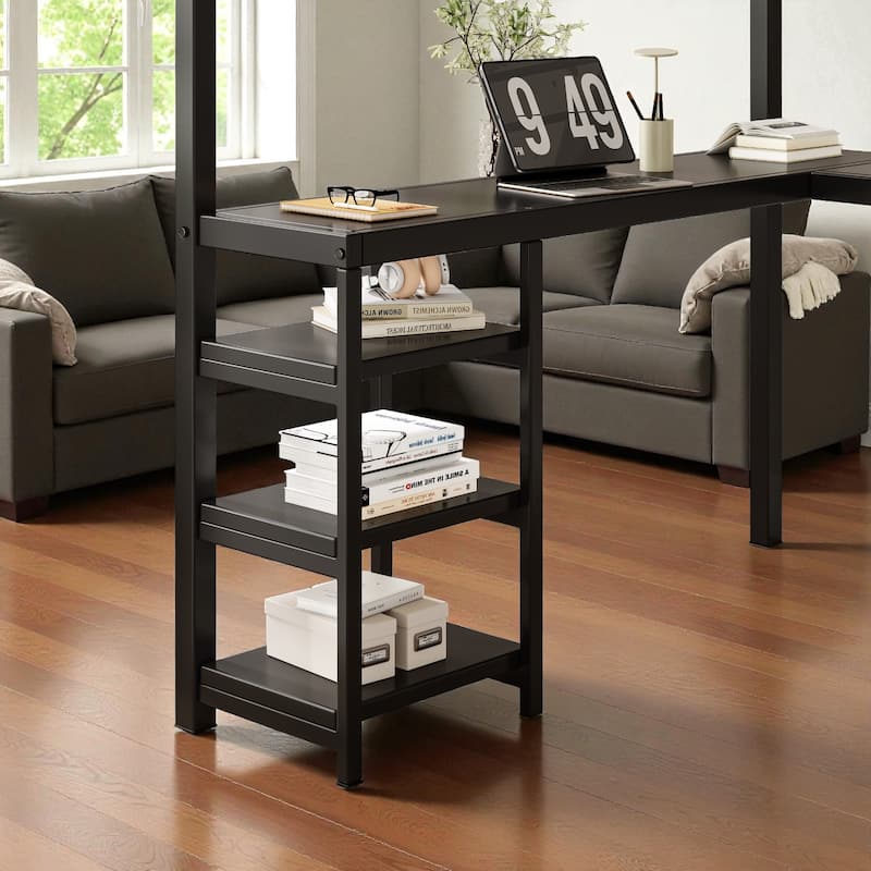 Full Size Metal Loft Bed with L-Shaped Desk & Shelves, Heavy-Duty Frame with Guardrails & Ladder, Vintage Wood Finish