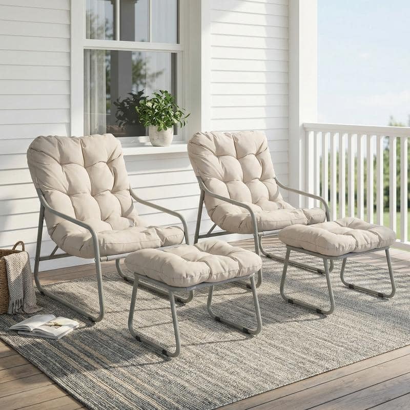 Outdoor Papasan Lounge Chair with Ottoman and Cushion for Patio Balcony Porch Deck