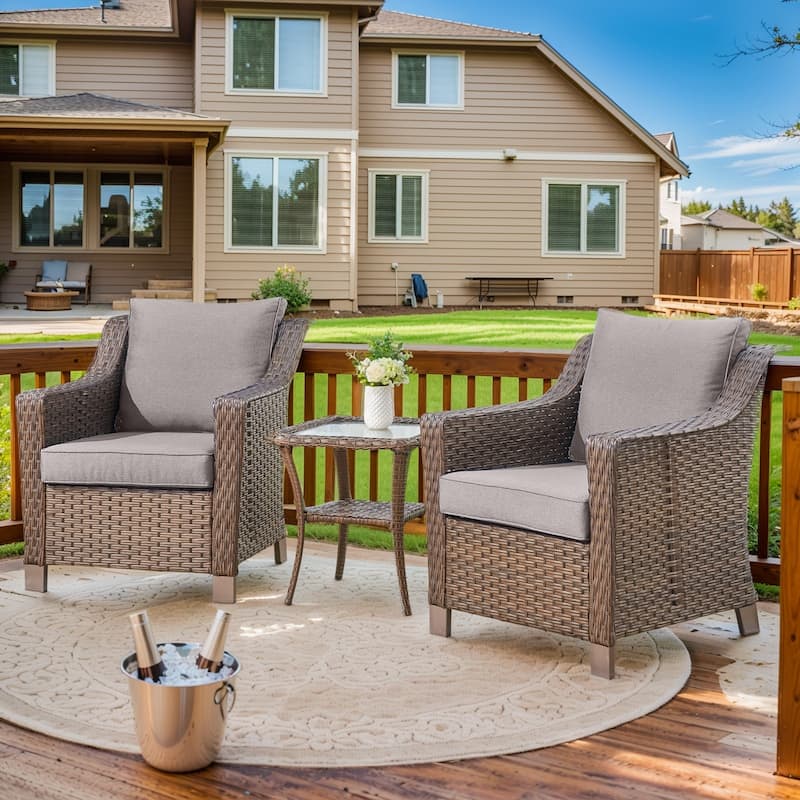 PE Rattan Wicker Chairs with Side Table - Brown - Grey - Brown