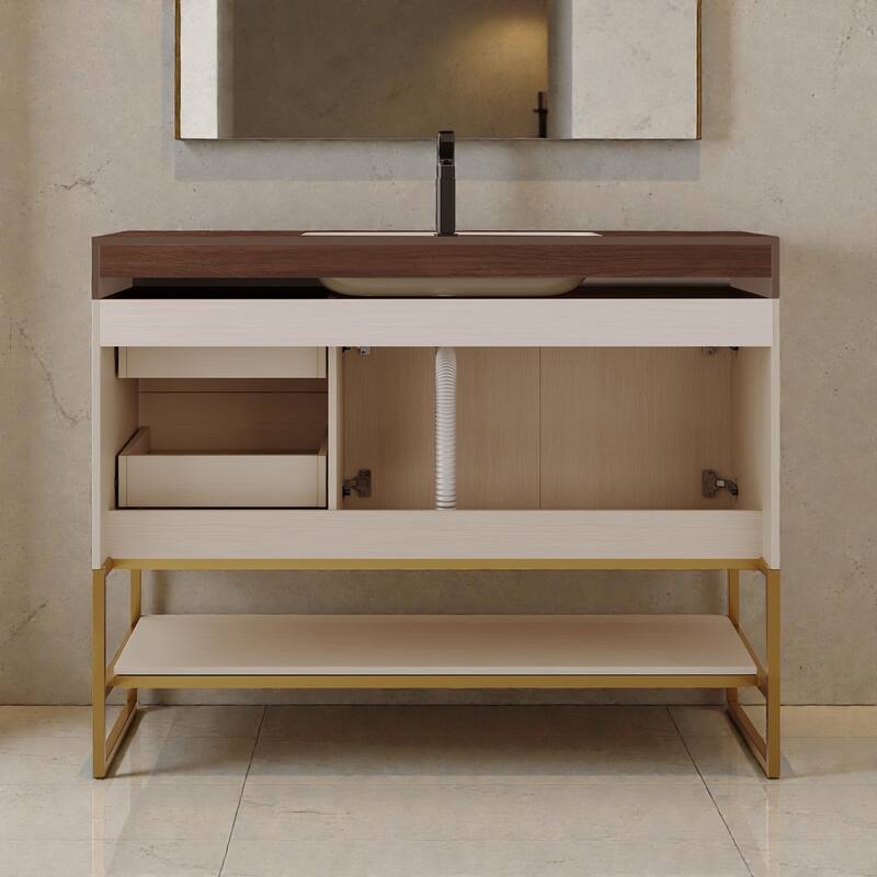 36 Inch Modern Bathroom Vanity with Seamless Ceramic Sink, Freestanding Cabinet with Gold Accents and Storage