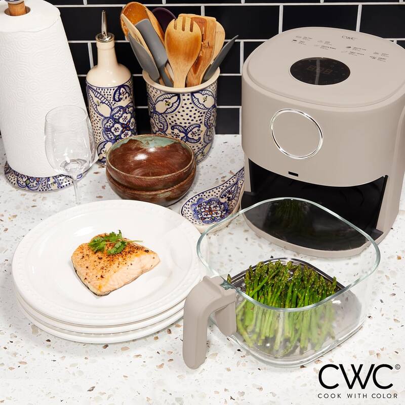 COOK WITH COLOR 1200W Air Fryer: Glass Basket, Dishwasher Safe, 60min Timer, 6 Presets, Temp Control 175F-400F, 4 - 5.5 QT