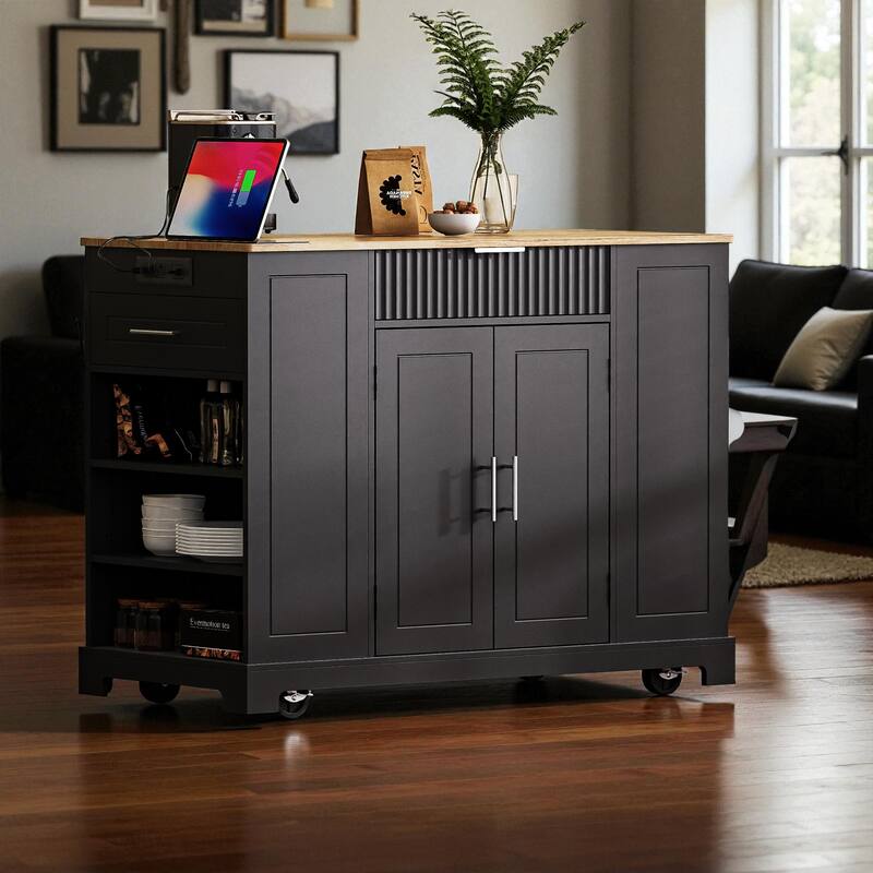 47" Fluted Kitchen Island with Trash Can Cabinet, Power Outlet, Rubber Wood Top, Rolling Storage Cart with Drawers & Side Racks - Black