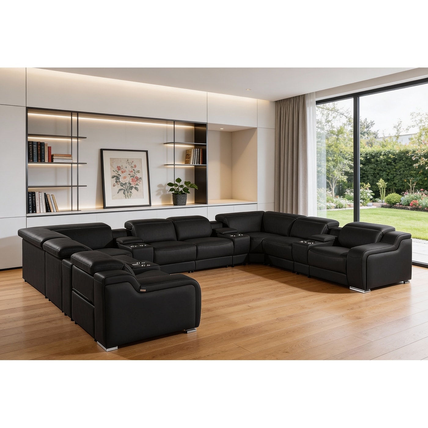 HomeRoots Black Italian Leather Power Reclining U Shaped Twelve Piece Corner Sectional With Console