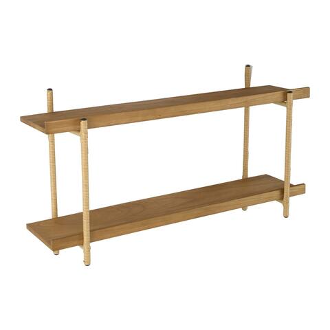 36 Inch Modern Wood Two Tier Shelf, Rattan Braiding, Brown, Gold