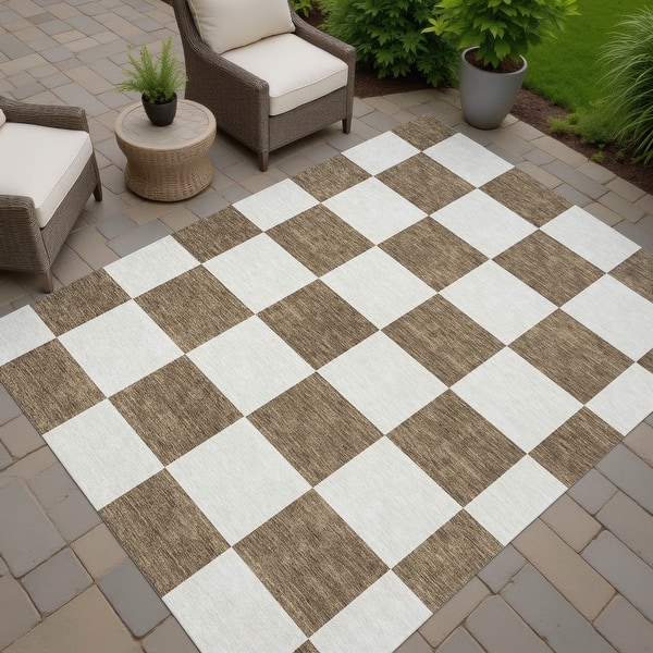 slide 2 of 7, Machine Washable Indoor/ Outdoor Modern Checker Chantille Rug Chocolate - 10' x 14'