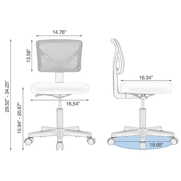 dimension image slide 2 of 6, Office Computer Desk Chair with Wheels, Ergonomic Low-Back Mesh Rolling Work Swivel Chairs, Armless Comfortable Lumbar Support
