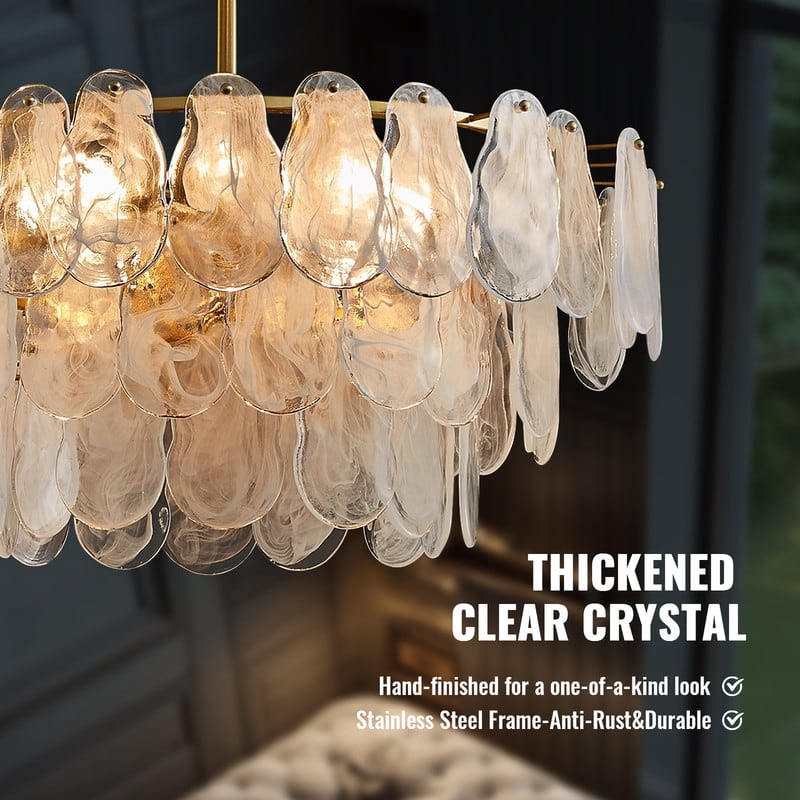Modern Gold Cloud Glass Chandelier, 23.6" 3-Tier Round Crystal Pendant Light, 9-Light Luxury Ceiling Fixture for Dining Room