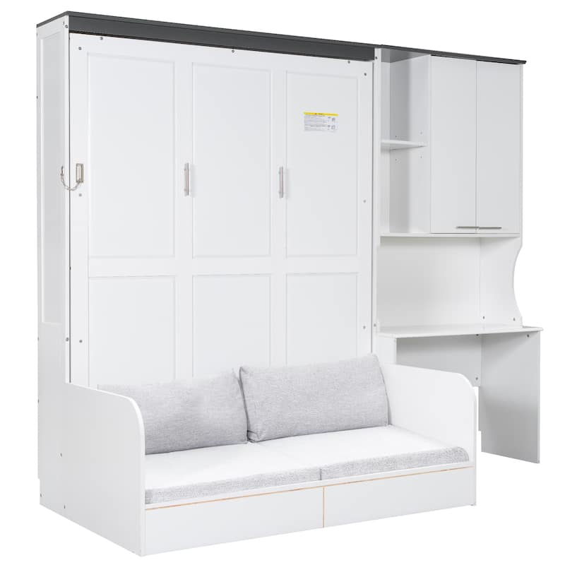 Queen / Full Multi Functional Murphy Bed with Sofa Desk and Storage Cabinet - White - Queen