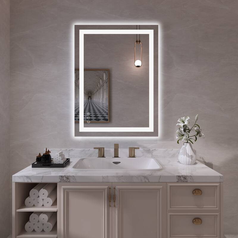 Large Rectangular Frameless Anti-Fog LED Light Wall Mounted Bathroom Vanity Mirror in White - N/A - 32" * 24"