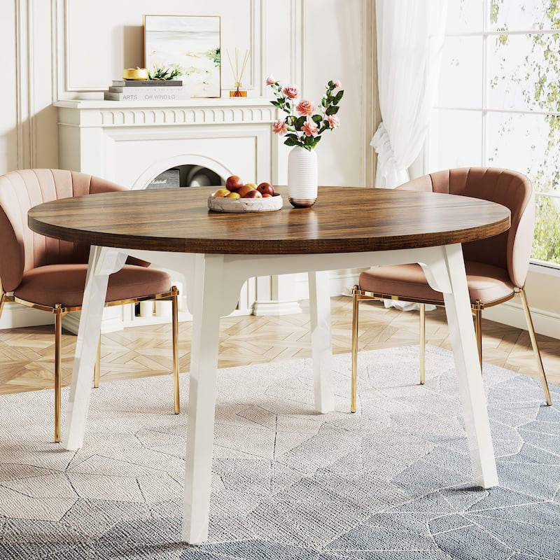 47 Inch Round Dining Table for 4, Farmhouse Kitchen Table - Brown and White - Brown/White