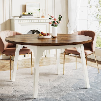 47 Inch Round Dining Table for 4, Farmhouse Kitchen Table - Brown and White