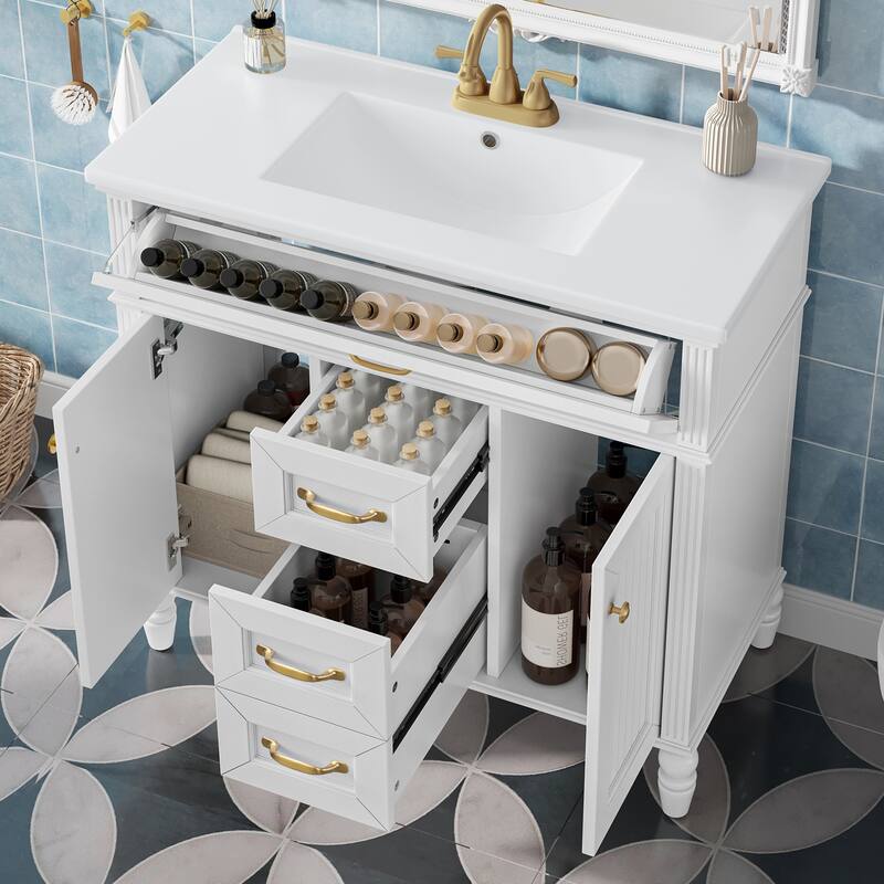 GDF Studio - Sunny Modern Solid Wood + MDF 36-Inch Bathroom Vanity with Ceramic Sink and Flip-Out Drawer - White