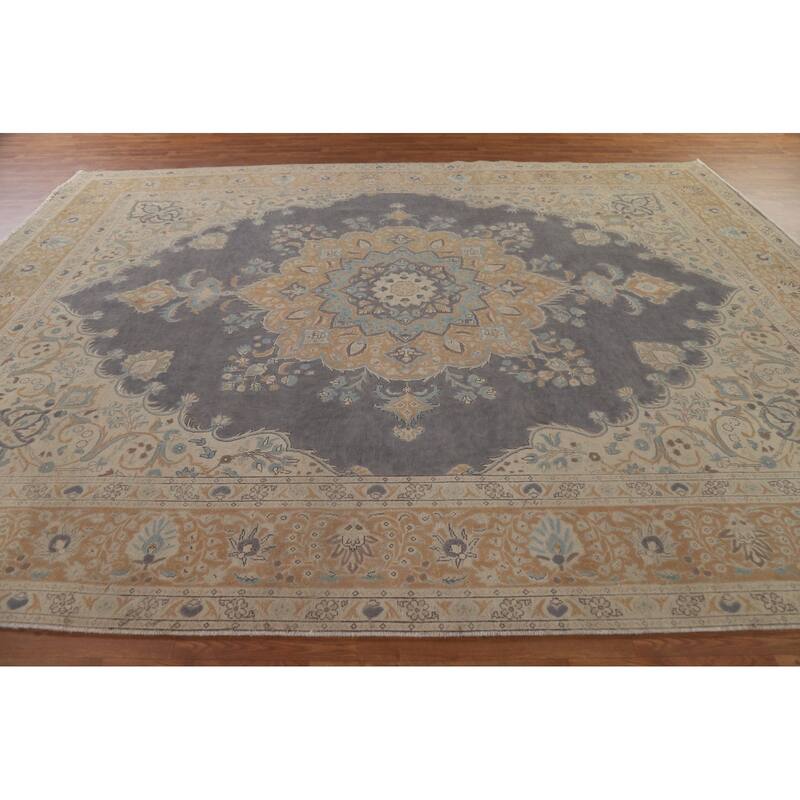 Hand Knotted Oriental 100% Wool Carpet Traditional Medallion Greys & Charcoal Tabriz Area Rug - 12' 5'' X 9' 7''