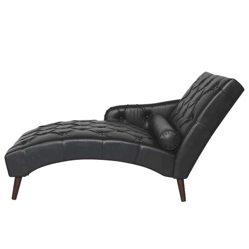 Faux Leather Chaise Lounge Chair with Pillow and Solid Wood Legs, Tufted Upholstered Accent Lounge Chair with Arm