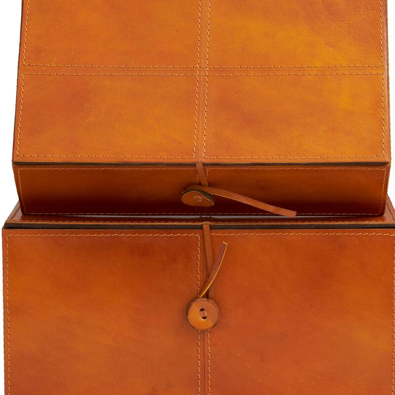 Brown Leather Storage Box with Snap Front Closure and Detailed Stitching (Set of 2)