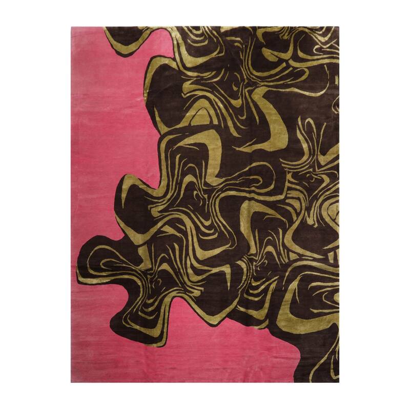 Hand Knotted Pink, Brown Tibetan Wool Modern Oriental Area Rug - 9' x 12'