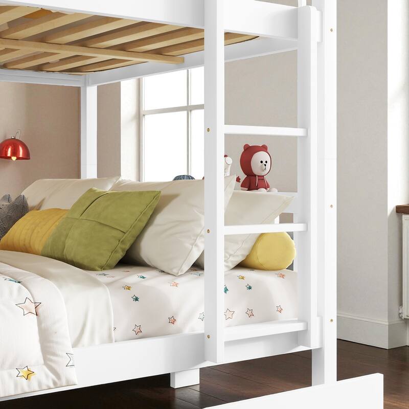 Full Over Full Rubber Wood Bunk Bed with 2 Storage Drawers, Convertible into 2 Full Beds, Ladder and Safety Guardrails