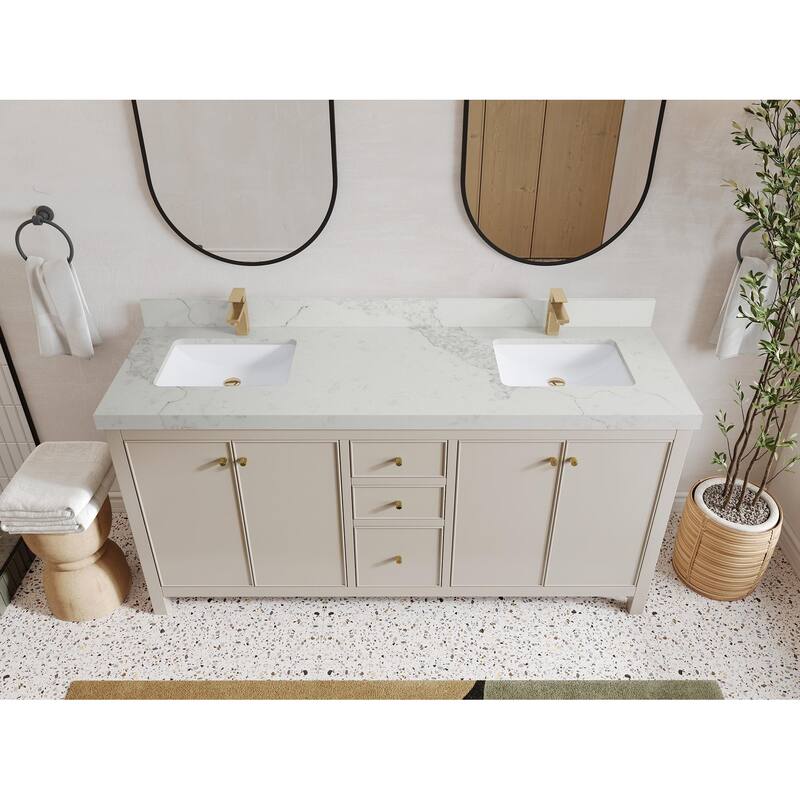 Willow Collections 72 in. W x 22 in. D Chicago Double Bowl Sink Bathroom Vanity with Countertop - 2” Calacatta Nuvo - Fine Grain