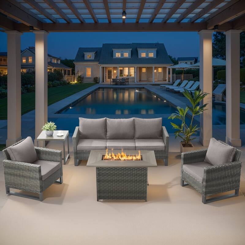 Outdoor Sofa Chairs with Fire Pit Table - Grey cushion - Grey - Grey