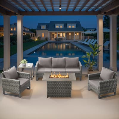 Outdoor Sofa Chairs with Fire Pit Table - Grey cushion