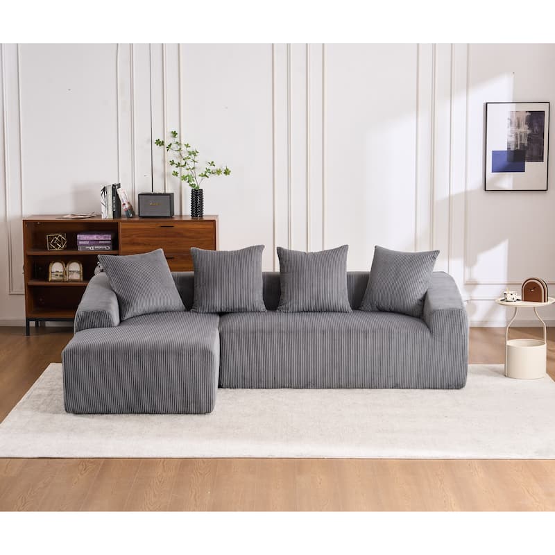 Grey Compression Sofa: Chaise Longue with 3 - Seater, Corduroy Fabric, Full Sponge, 4 Pillows - Multi-Color