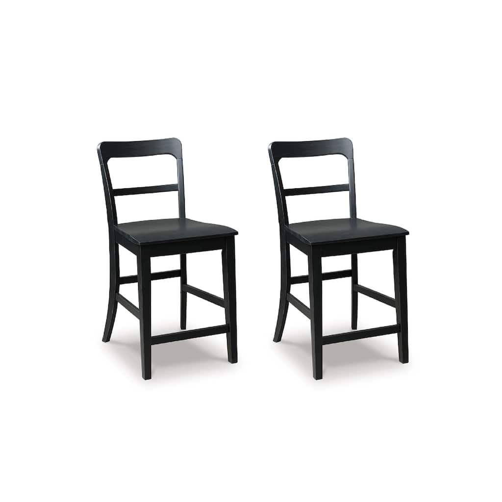 Gela Counter Stool Chair Set of 2, Stylized Ladder Back, Plank Seat, Black