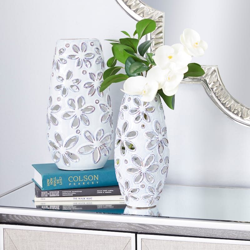 Ceramic Floral Handmade Daisy Cut Out Vase - Set of 2 White - Roche River Decor - 5"W x 7"L x 14"H