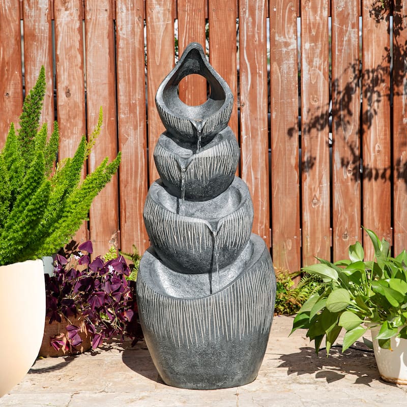 Glitzhome 34"H 4-Tiered Pre-lit Zen-Style Alms Bowl Polyresin Indoor Outdoor Floor Fountain