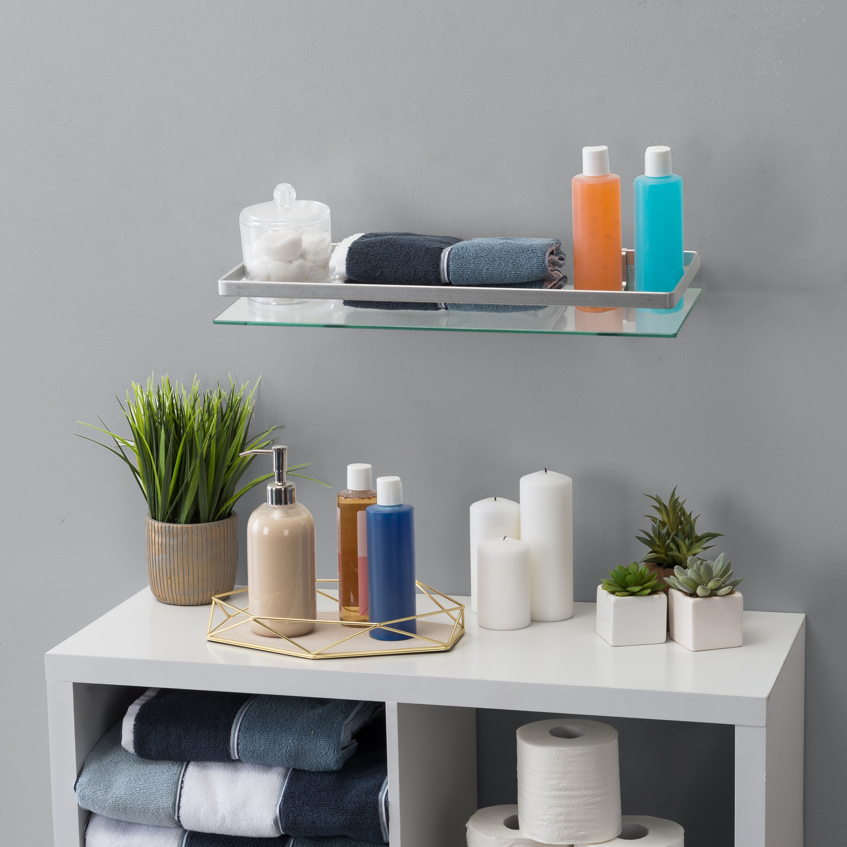 Shop Floating Wall Mount Tempered Glass Bathroom Shelf With Brushed Chrome Rail Overstock 31809583