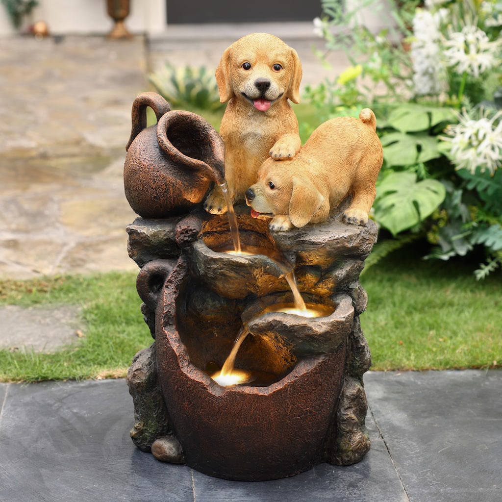 Puppy Friends Farmhouse Resin Outdoor Fountain with Lights