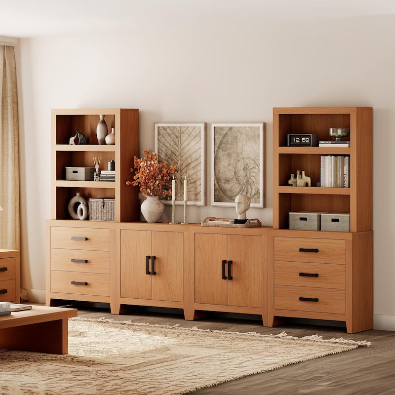 WAMPAT Entertainment Center with Bookshelves, Farmhouse TV Stand, Media Console with Adjustable Shelves for Living Room, Bedroom