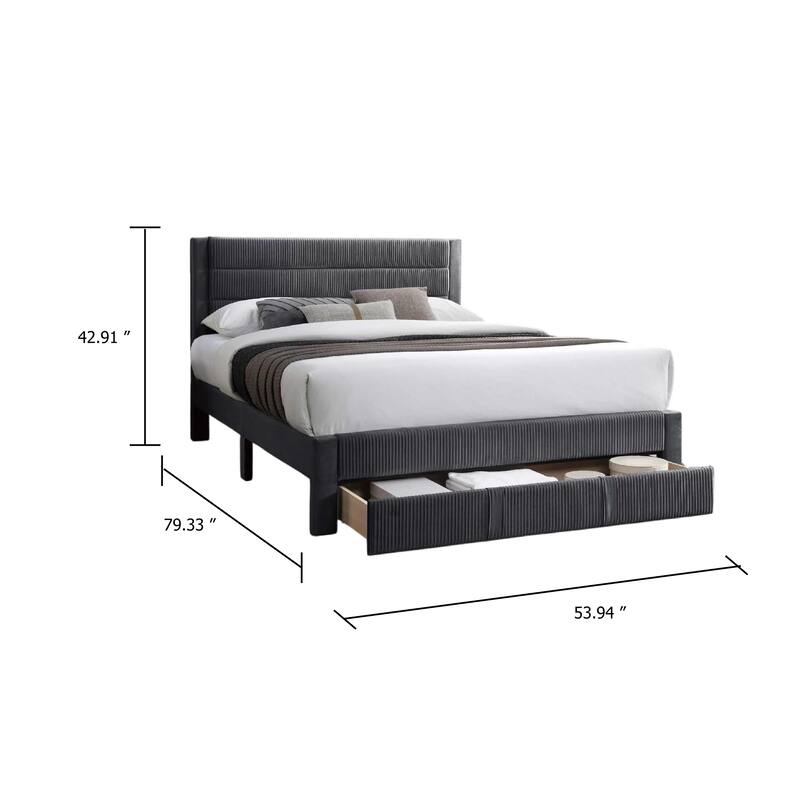 Daisy Full Bed w Drawer, Charcoal Gray Corduroy Upholstery, Foam