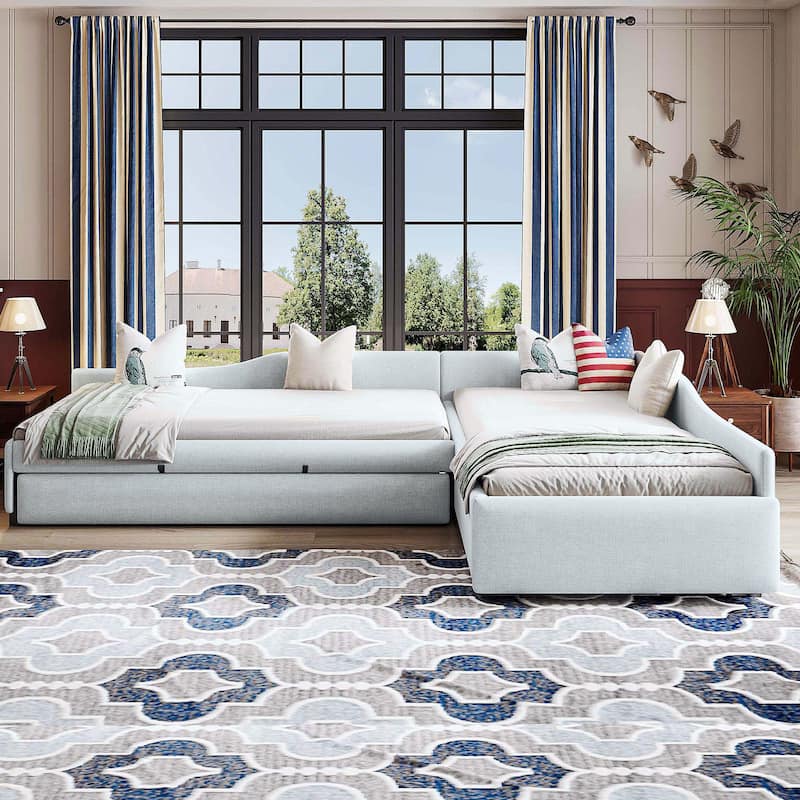 Upholstered Double Twin Size Daybed, Linen Fabric L Shaped Sofa Bed Frame with Pull Out Trundle Bed and Storage Drawers - Beige - Twin