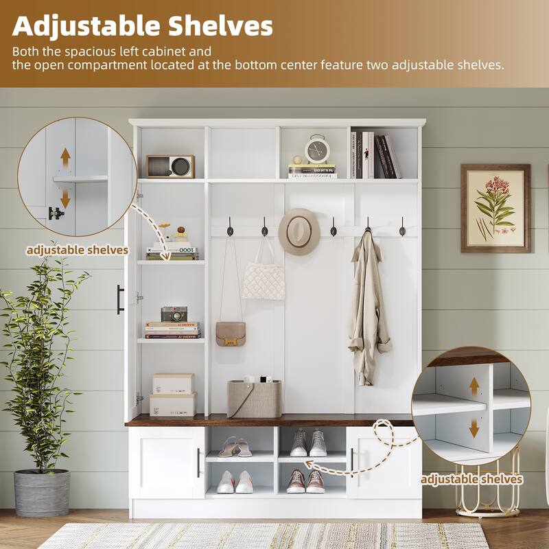 Versatile 3-in-1 Farmhouse Hall Tree with with 6 Hooks & Adjustable Shelves - Walnut Storage Benchr