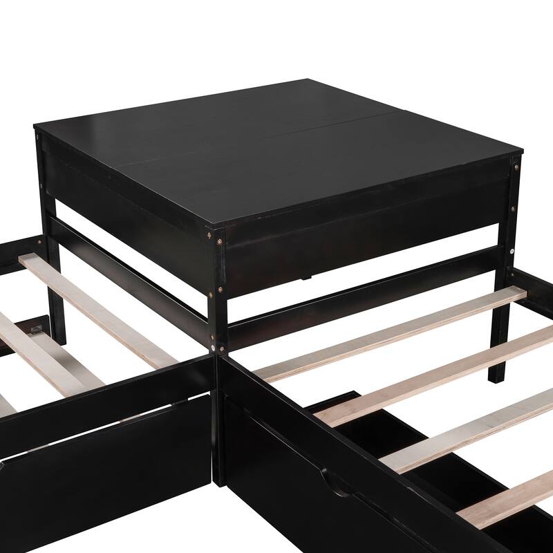 Twin Size Platform Bed with Built-in Desk and Drawers Linked, L-Shaped Trundle, Wooden Support Bed Frame No Box Spring Needed