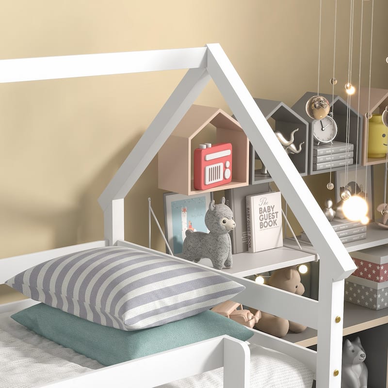 Wood House Roof Loft Bed Frame Twin Over Twin Loft Bed Frame with ...