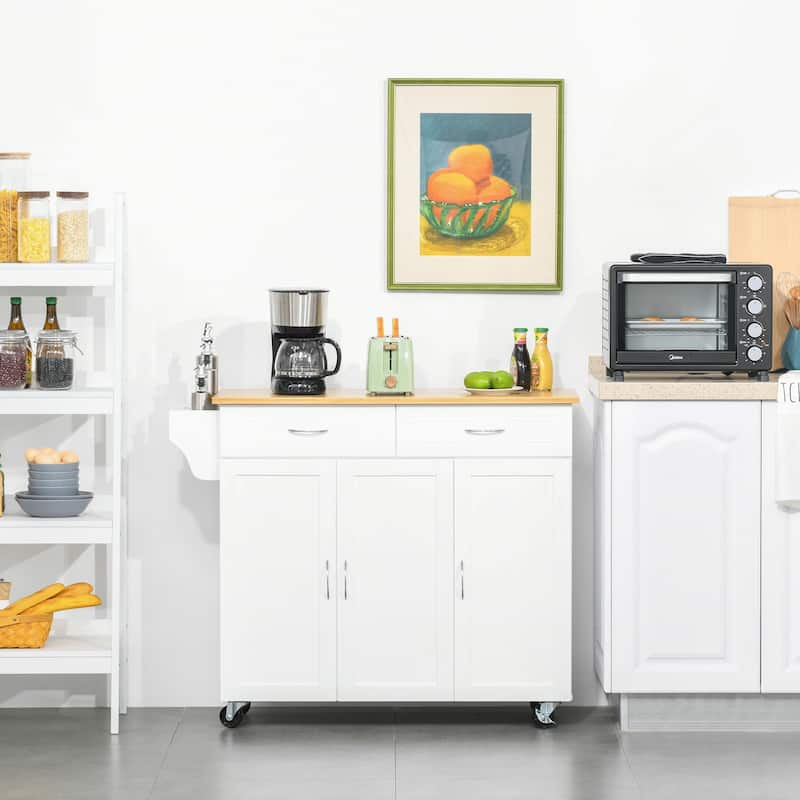 HOMCOM Rolling Kitchen Island Cart with Large Bamboo Countertop, 2 Cabinets with Adjustable Shelves and Wheels, White