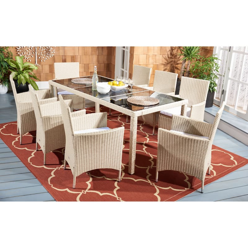 SAFAVIEH Outdoor Lianna 9-Piece Wicker Dining Set - 75Wx35Dx29H - Beige/White Cushion