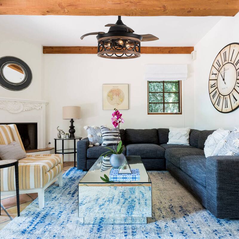 36" Indoor Black Retractable Ceiling Fan with Light and Wall Control