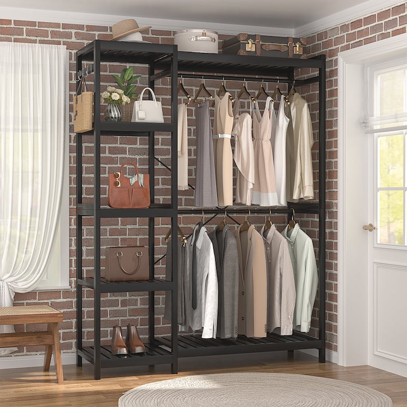 Bamboo Closet System Clothes Rack, Large Freestanding Garment Rack Clothing Rack for Hanging Clothes
