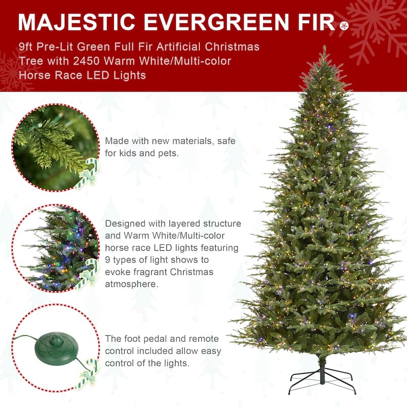 Glitzhome 7.5ft/9ft/11ft Pre-Lit Green Full Fir Artificial Christmas Tree with 1800/2450/3200 LEDs Simple Setup