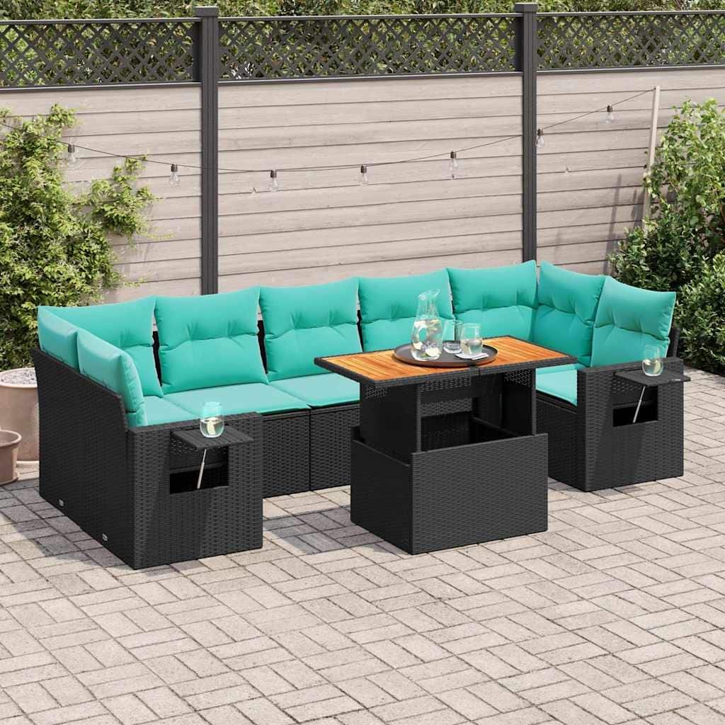 vidaXL 8 Piece Patio Sofa Set with Cushions Black Poly Rattan - 21.7 x 24.4 x 27.2