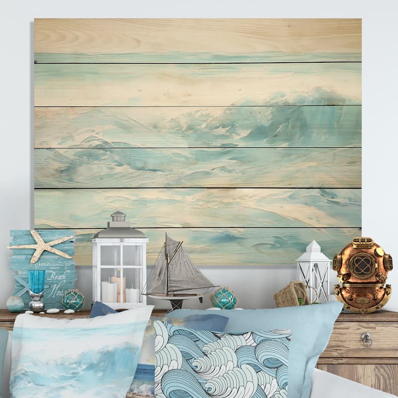 DESIGN ART "Blue And White Simplicity Beach" Coastal Waves Wood Wall Decor - Blue Wood Panel On Natural Pine Wood