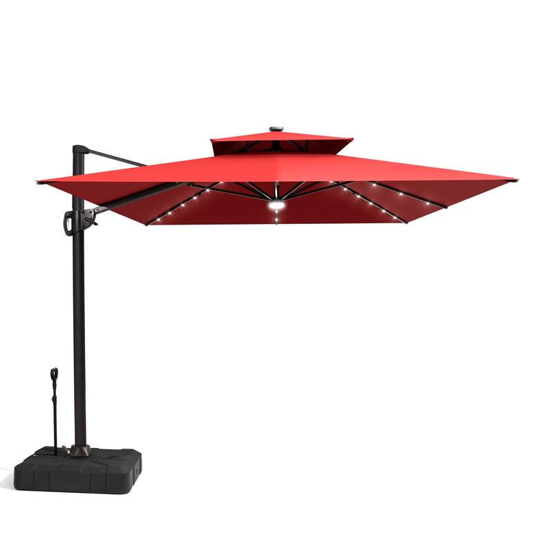 9 x11 FT Outdoor Double Top LED Lighted Patio Cantilever Umbrella with Weighted Base