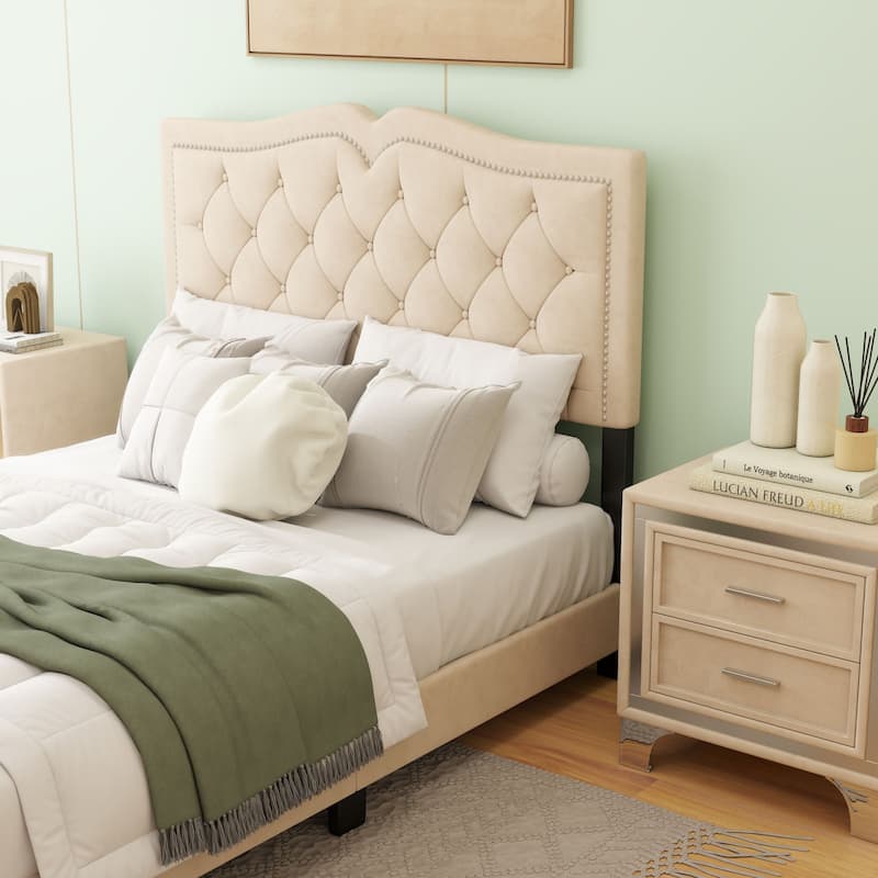 Upholstered bed frame with rivet design