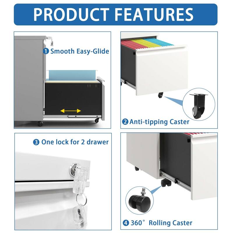 2 Drawer Metal Mobile File Cabinet,Rolling File Cabinet with Lock