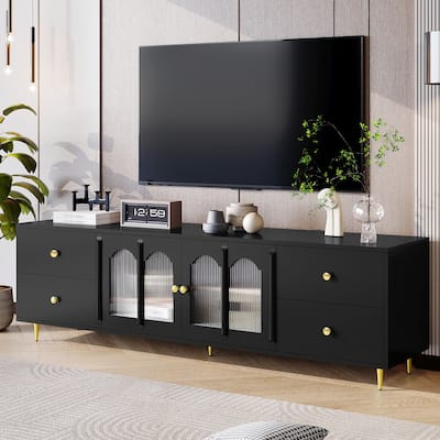 70.9" TV Stand with Glass Doors and 4 Drawers with Adjustable Legs