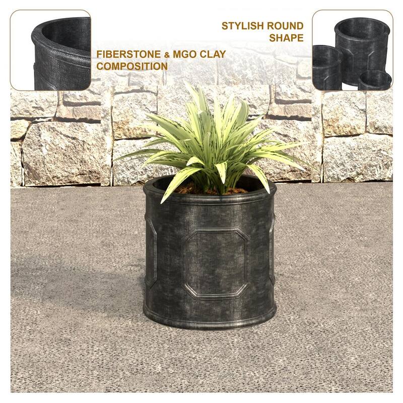 Meadow Classic Round Fiberstone and MGO Clay Planter with Drainage for Indoor Outdoor Home Office Yard Patio Fully Assembled