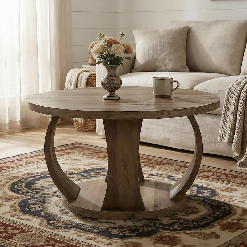 Round Coffee Table, 2-Tier Coffee Table with Storage, Wooden Center Table for Living Room, Apartment, Small Space