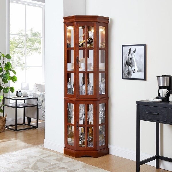 Modern Corner Curio Cabinet with 5 Shelves, Lighting & Tip-Over